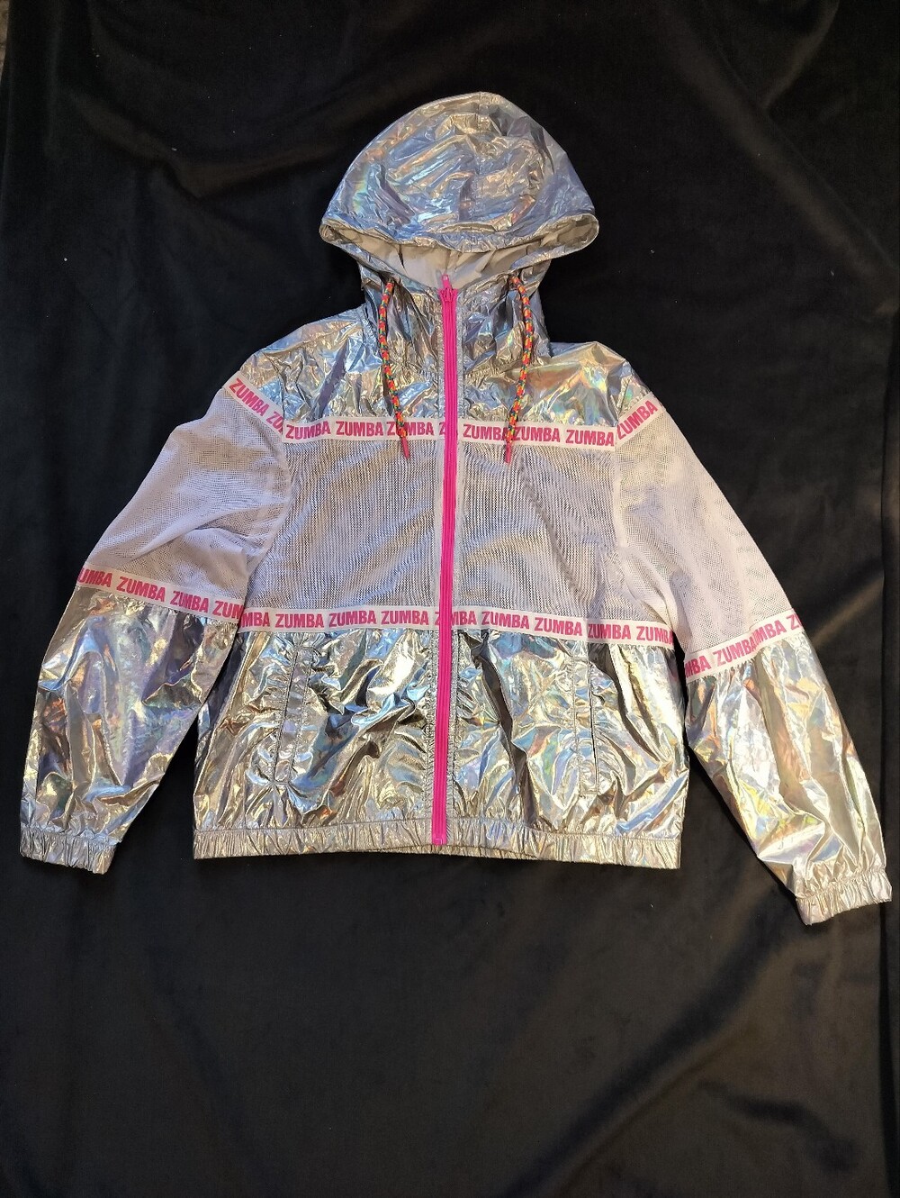 NEW Zumba Fitness Iridescent Silver Pink White Mesh Panel Hooded Jacket - Small